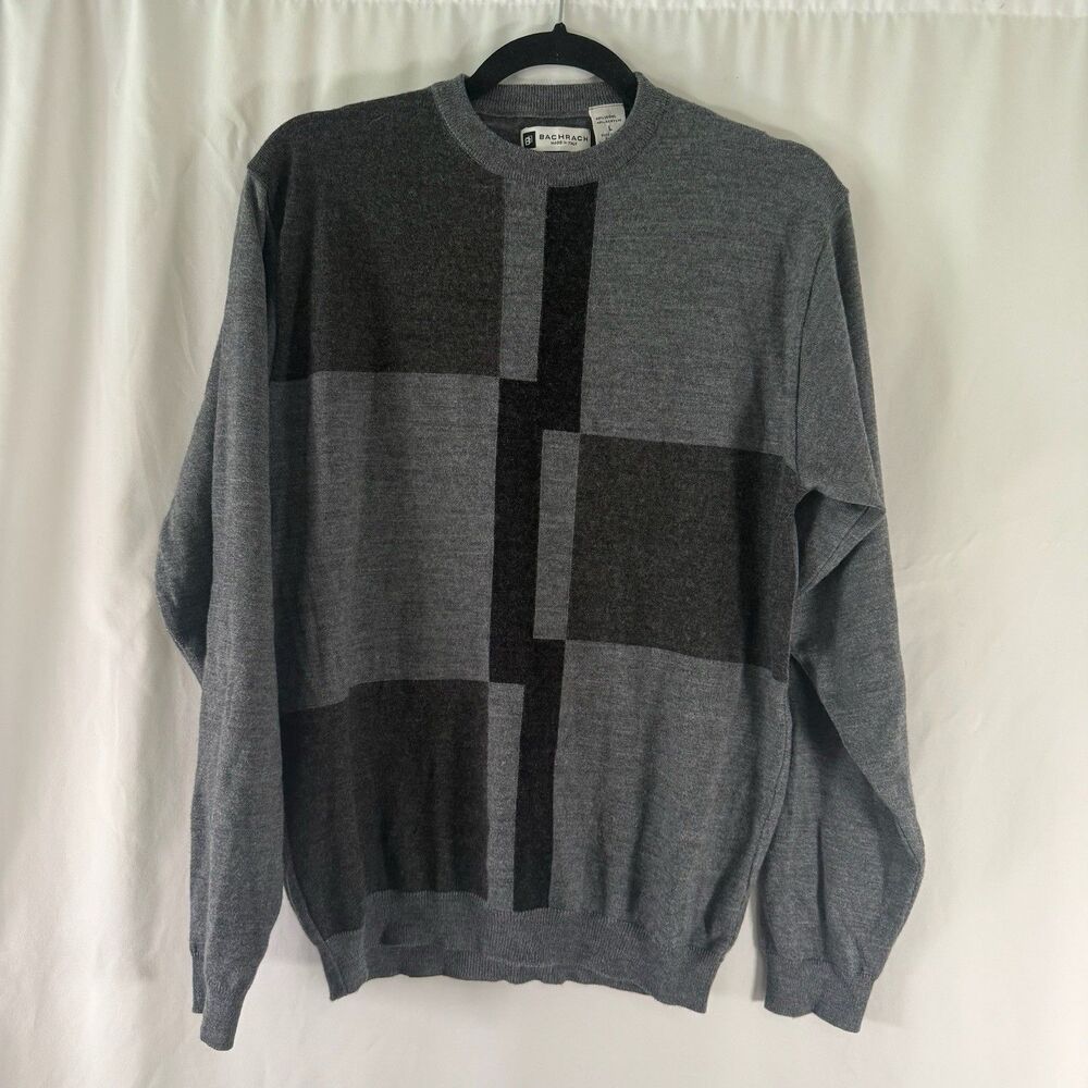 Bachrach Wool Blend Sweater Men's Large Grey Block Pullover Made Italy